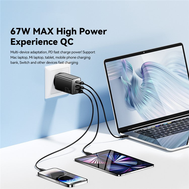 ESSAGER 67W High Power GaN Travel Adapter USB-A + 2 Type-C Portable Wall Charger - EU Plug / Black