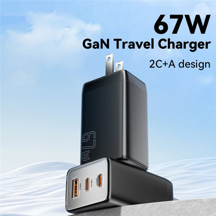 ESSAGER 67W High Power GaN Travel Adapter USB-A + 2 Type-C Portable Wall Charger - US Plug / Black