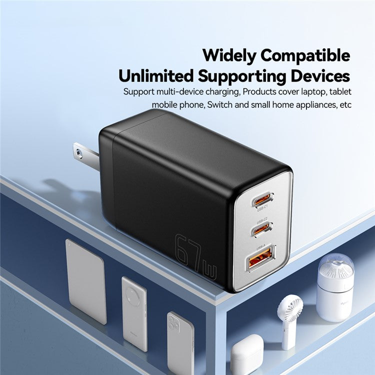 ESSAGER 67W High Power GaN Travel Adapter USB-A + 2 Type-C Portable Wall Charger - US Plug / Black