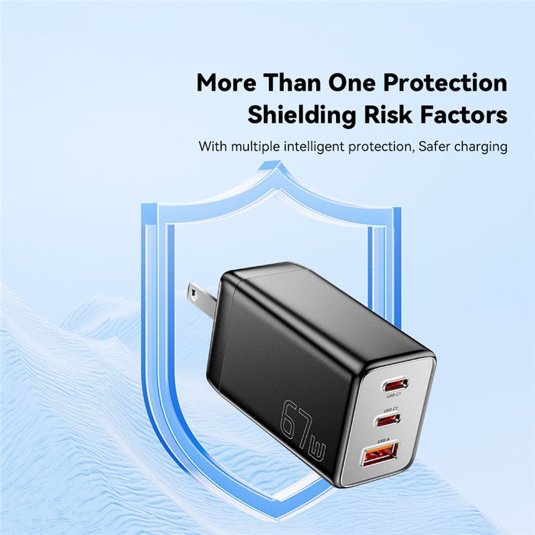 ESSAGER 67W High Power GaN Travel Adapter USB-A + 2 Type-C Portable Wall Charger - US Plug / Black