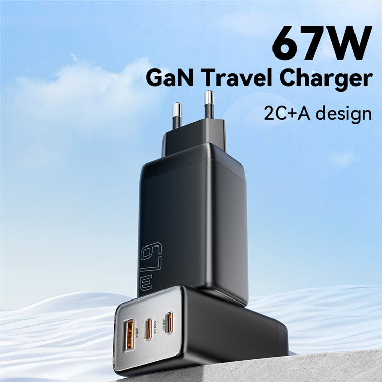 ESSAGER 67W High Power GaN Travel Adapter USB-A + 2 Type-C Portable Wall Charger - KR Plug / Black