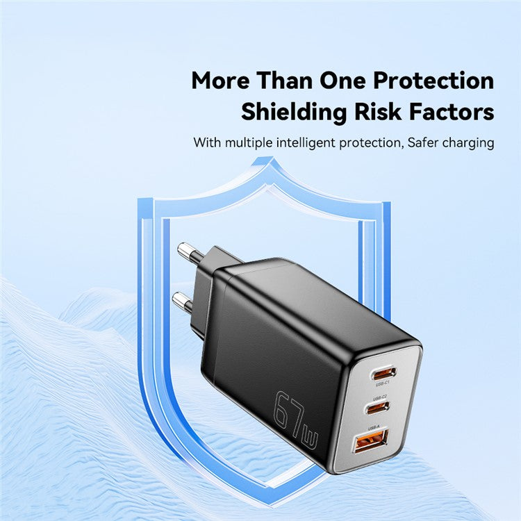 ESSAGER 67W High Power GaN Travel Adapter USB-A + 2 Type-C Portable Wall Charger - KR Plug / Black