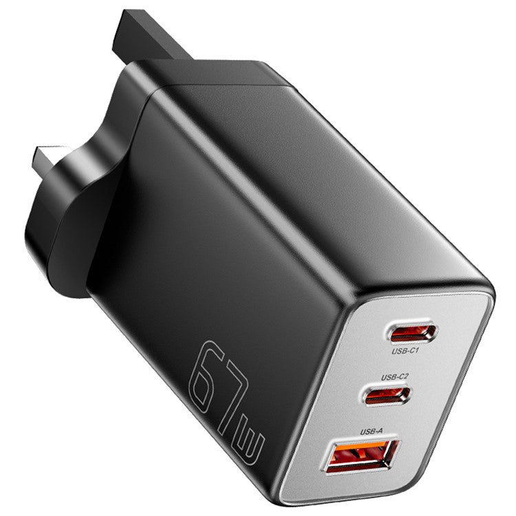 ESSAGER 67W High Power GaN Travel Adapter USB-A + 2 Type-C Portable Wall Charger - UK Plug / Black