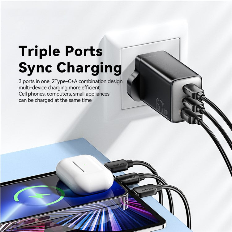 ESSAGER 67W High Power GaN Travel Adapter USB-A + 2 Type-C Portable Wall Charger - UK Plug / Black