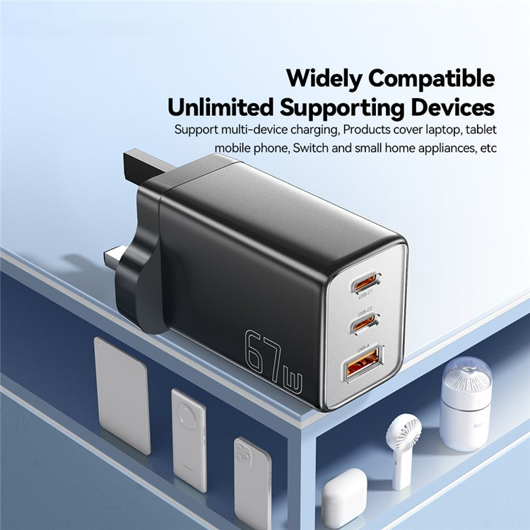ESSAGER 67W High Power GaN Travel Adapter USB-A + 2 Type-C Portable Wall Charger - UK Plug / Black