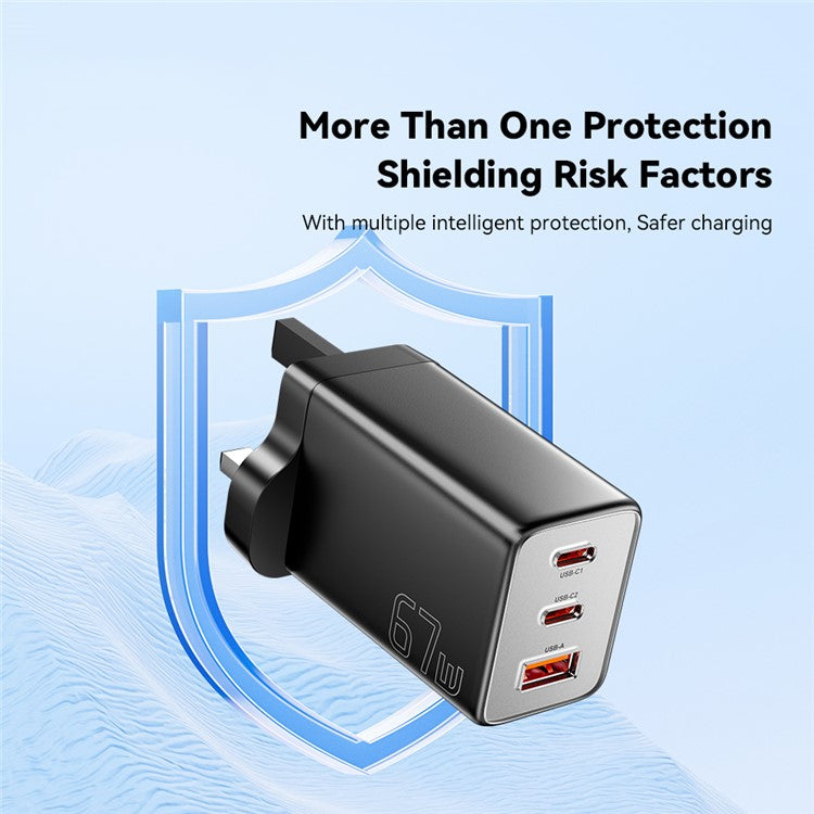 ESSAGER 67W High Power GaN Travel Adapter USB-A + 2 Type-C Portable Wall Charger - UK Plug / Black