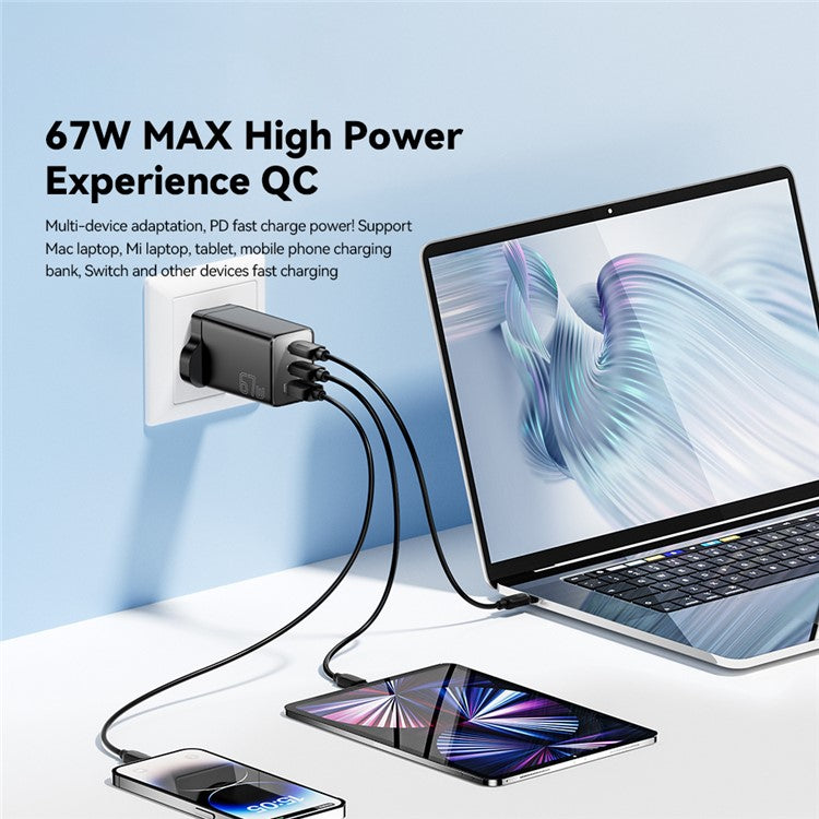ESSAGER 67W High Power GaN Travel Adapter USB-A + 2 Type-C Portable Wall Charger - UK Plug / Black