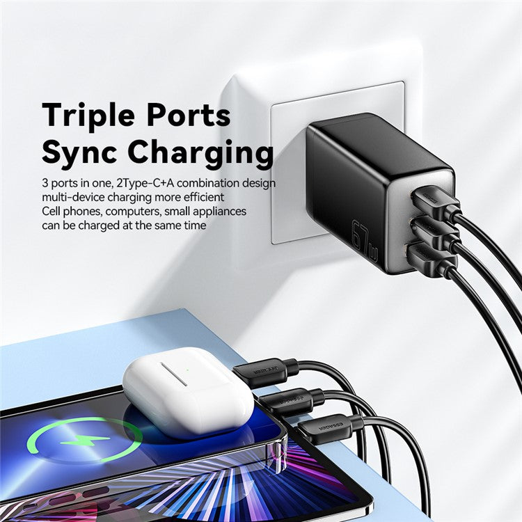 ESSAGER 67W High Power GaN Travel Adapter USB-A + 2 Type-C Portable Wall Charger - US Plug / White