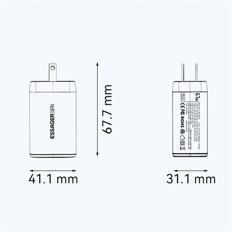 ESSAGER 67W High Power GaN Travel Adapter USB-A + 2 Type-C Portable Wall Charger - US Plug / White