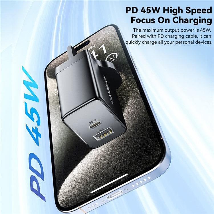 ESSAGER ES-CD40 45W GaN Travel Charger Type-C + USB-A Phone Tablet Power Adapter - White UK Plug