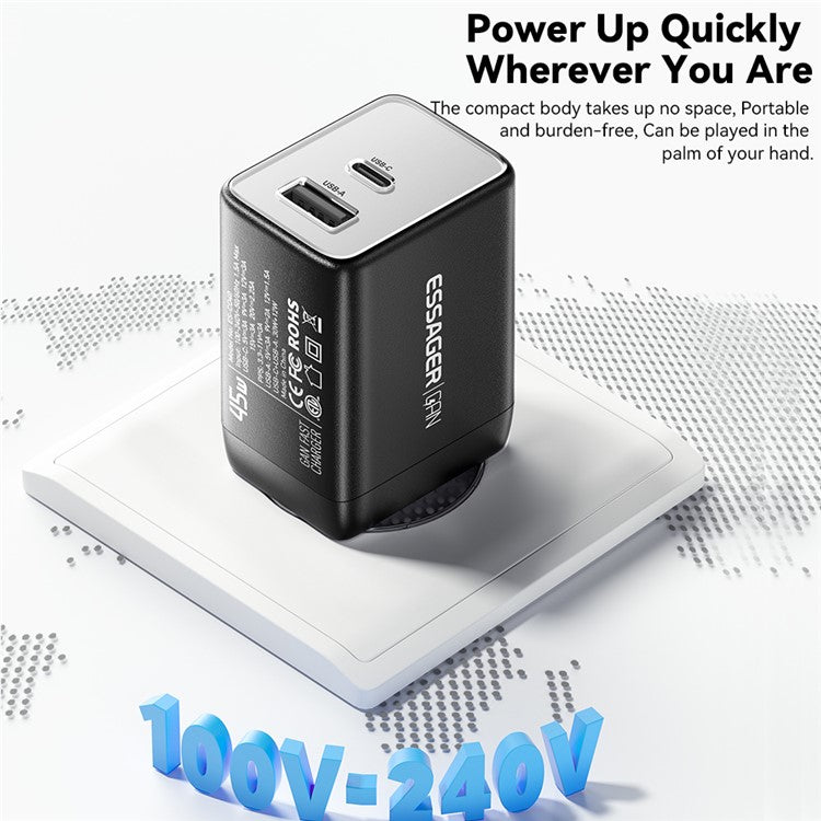 ESSAGER ES-CD40 45W GaN Travel Charger Type-C + USB-A Phone Tablet Power Adapter - White KR Plug