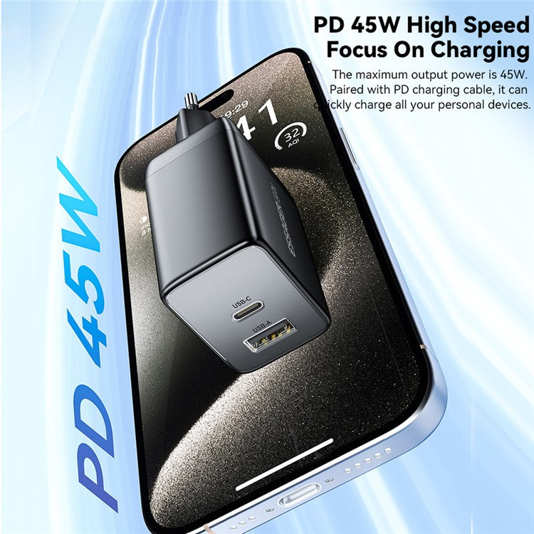 ESSAGER ES-CD40 45W GaN Travel Charger Type-C + USB-A Phone Tablet Power Adapter - Black EU Plug