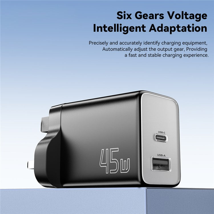 ESSAGER ES-CD40 45W GaN Travel Charger Type-C + USB-A Phone Tablet Power Adapter - Black UK Plug