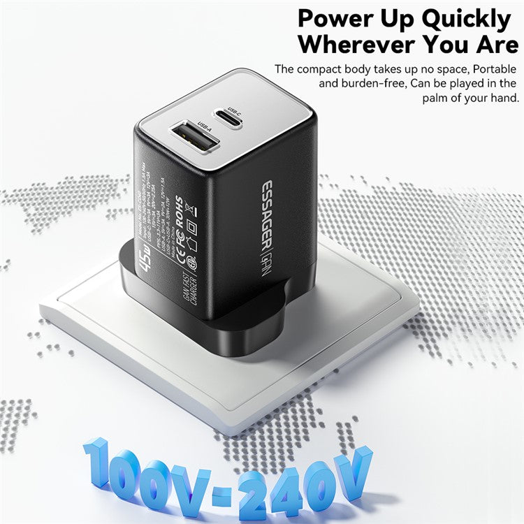 ESSAGER ES-CD40 45W GaN Travel Charger Type-C + USB-A Phone Tablet Power Adapter - Black UK Plug