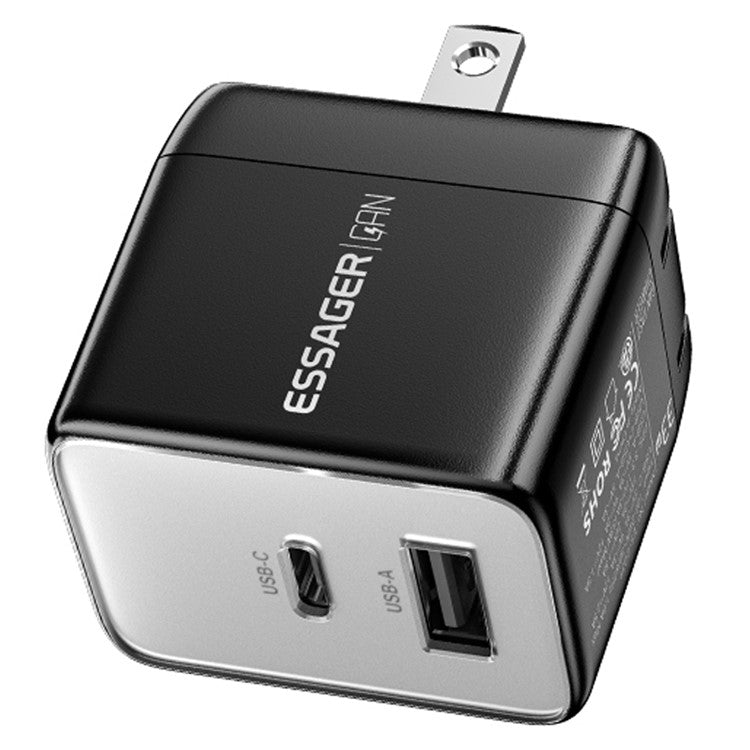 ESSAGER PD 33W Fast Charging Wall Charger USB-A + Type-C Travel GaN Adapter - US Plug / Black