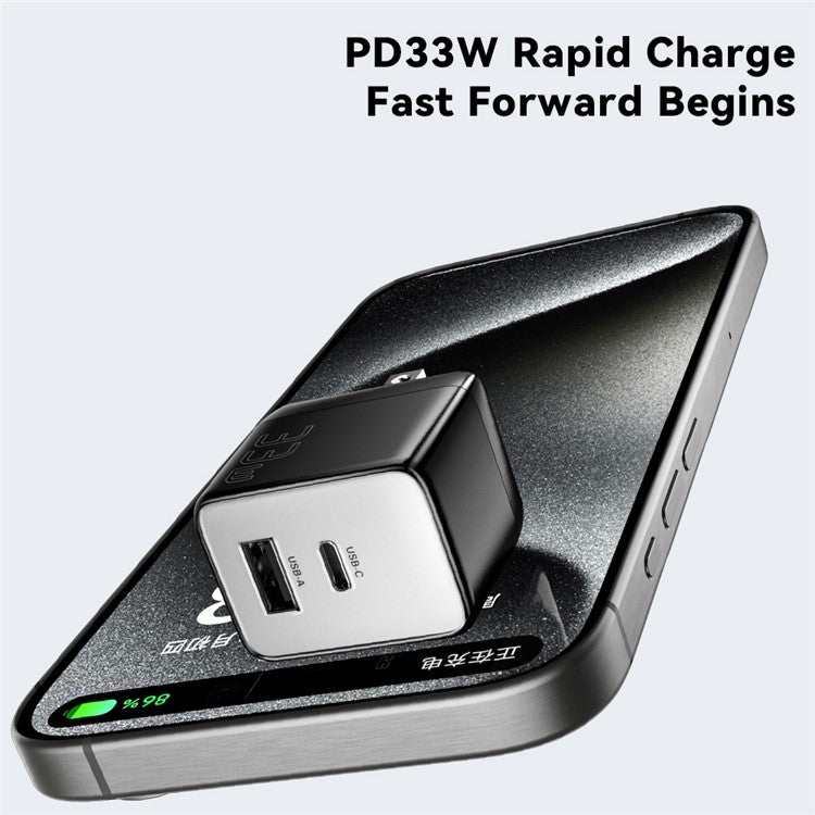 ESSAGER PD 33W Fast Charging Wall Charger USB-A + Type-C Travel GaN Adapter - US Plug / Black