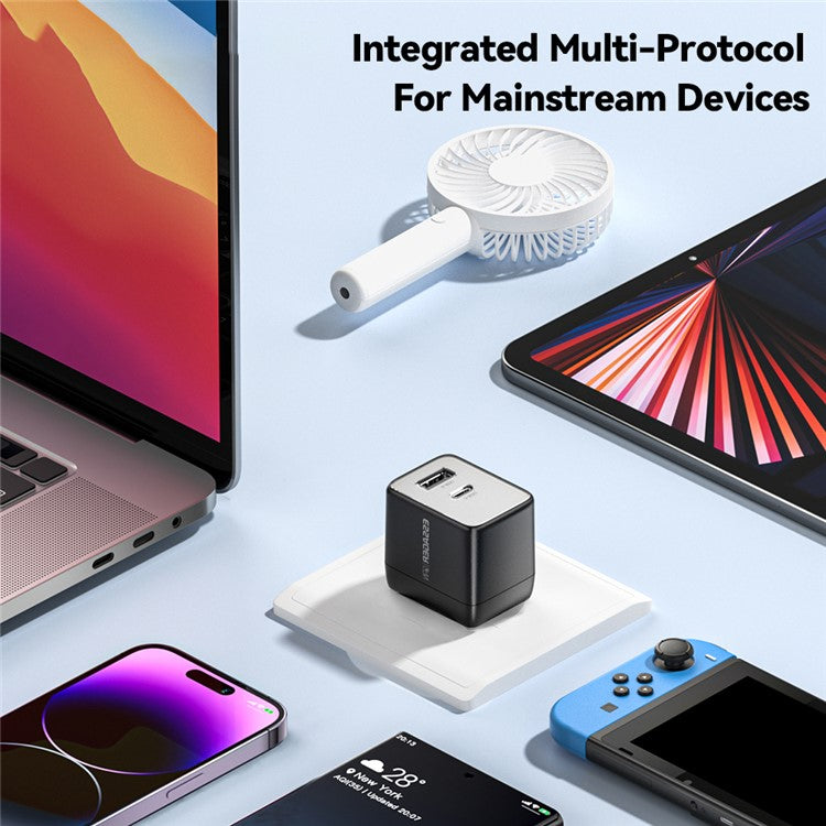 ESSAGER PD 33W Fast Charging Wall Charger USB-A + Type-C Travel GaN Adapter - US Plug / Black