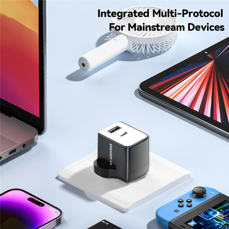 ESSAGER PD 33W Fast Charging Wall Charger USB-A + Type-C Travel GaN Adapter - UK Plug / Black