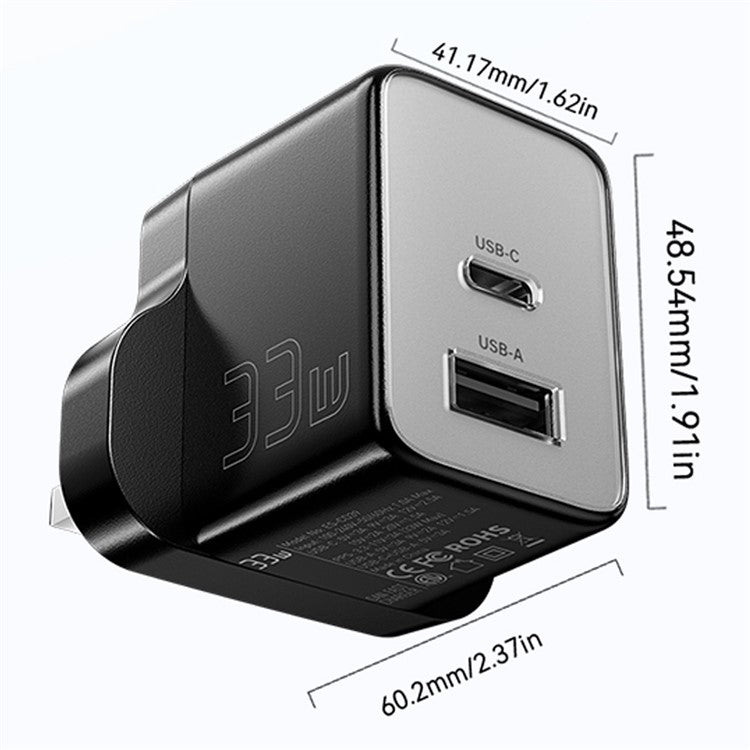 ESSAGER PD 33W Fast Charging Wall Charger USB-A + Type-C Travel GaN Adapter - UK Plug / Black