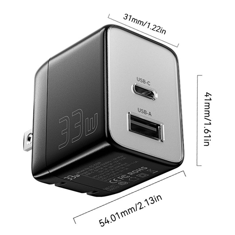 ESSAGER PD 33W Fast Charging Wall Charger USB-A + Type-C Travel GaN Adapter - US Plug / White