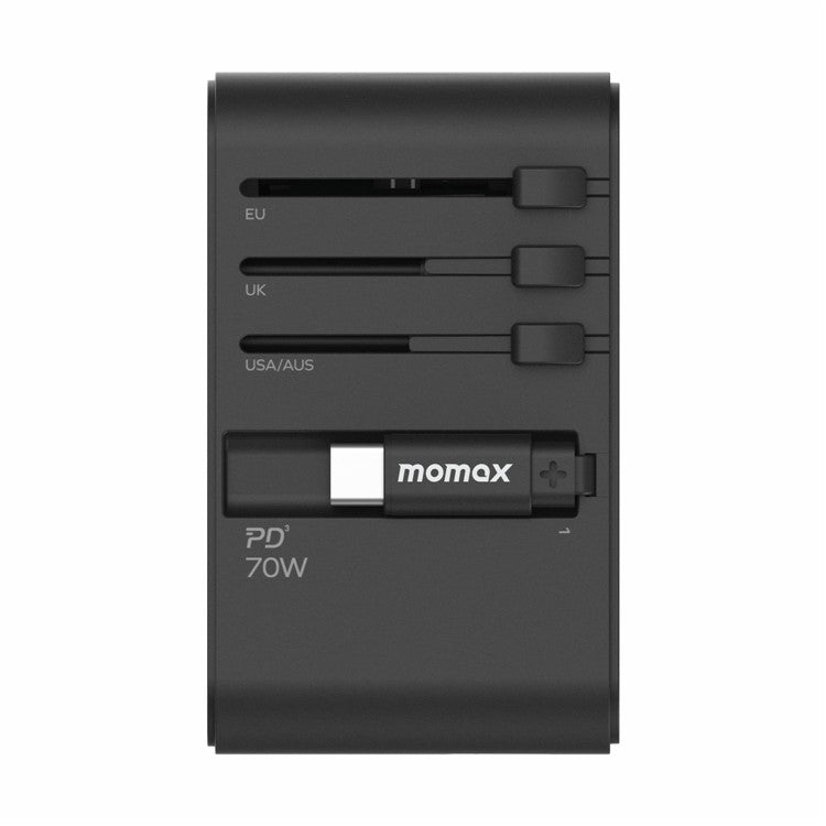MOMAX UA18 1-World+ Gan Travel Adapter Global Wall Charger with Retractable 70W Type-C Cable - Black