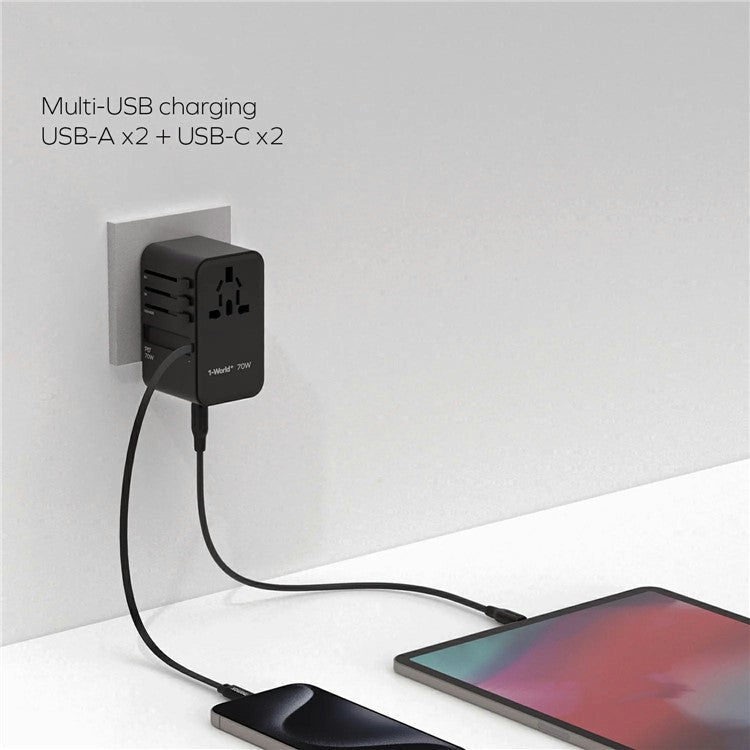 MOMAX UA18 1-World+ GaN Travel Adapter Global Wall Charger with Retractable 70W Type-C Cable - Rose