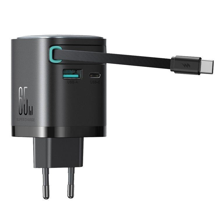 JOYROOM TCL02 65W Gan Charger with Retractable USB-C Cable, USB+Type-C Port Wall Charger, EU Plug
