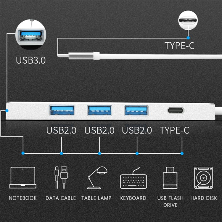 ADS-301C Type-C Hub USB Ports Expander to USB-C+USB 3.0+3xUSB 2.0 - Silver