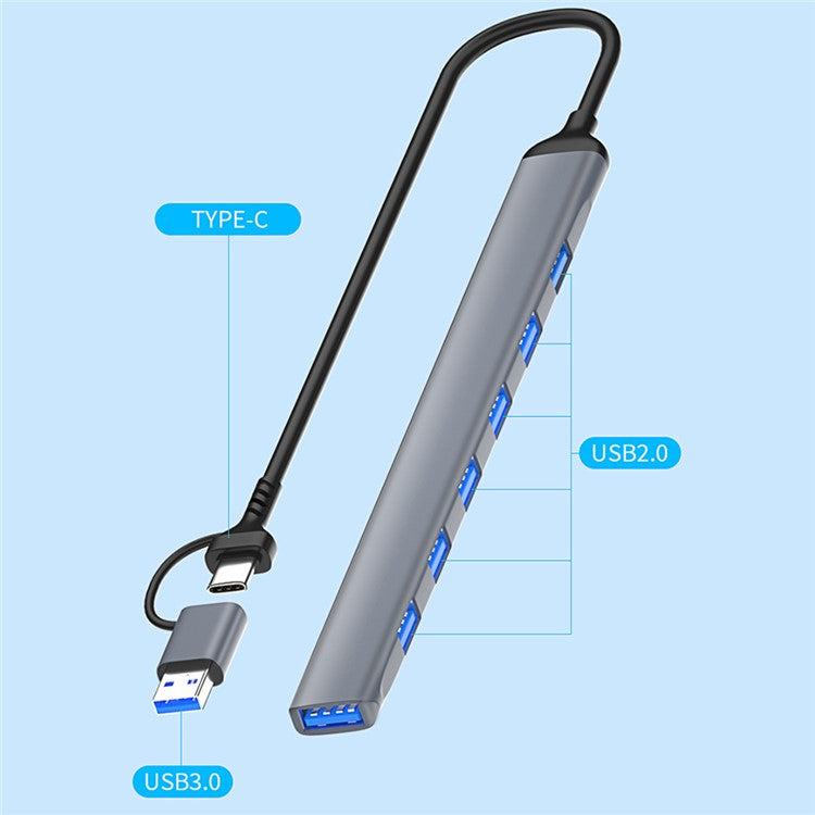 ADS-303D 7-in-1 Multifunctional Hub USB + Type-C to USB 3.0 + 6x USB 2.0 Splitter