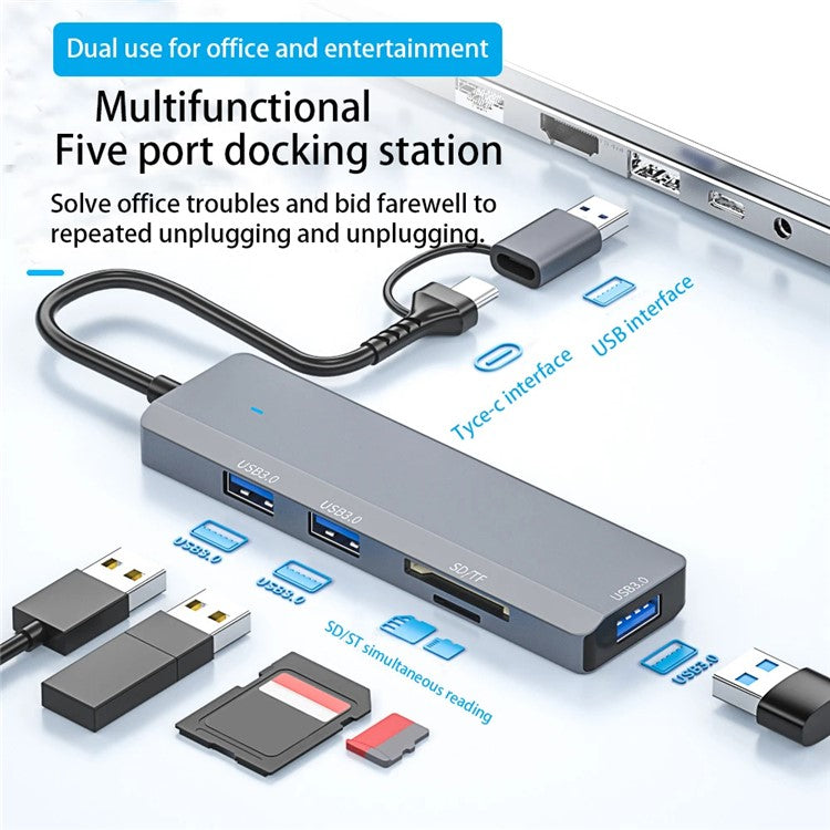 ADS-310D 2-in-1 Type-C + USB-A to 3x USB 3.0 Hub Splitter with SD / TF Card Slot