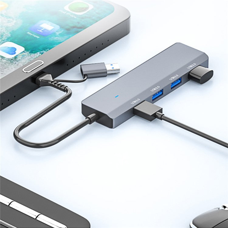 ADS-305D USB / Type-C to 4 USB3.0 Ports Docking Station USB Hub Aluminum Alloy Computer Laptop Adapter