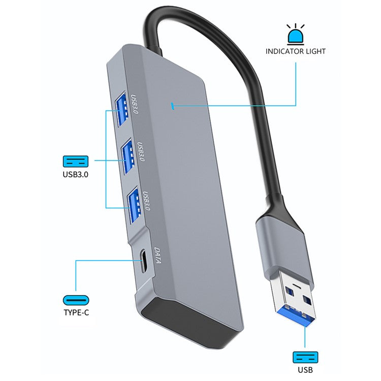 ADS-309A USB to 3 USB3.0 + 1 Type-C Data Transfer Docking Station USB Hub Aluminum Alloy Adapter