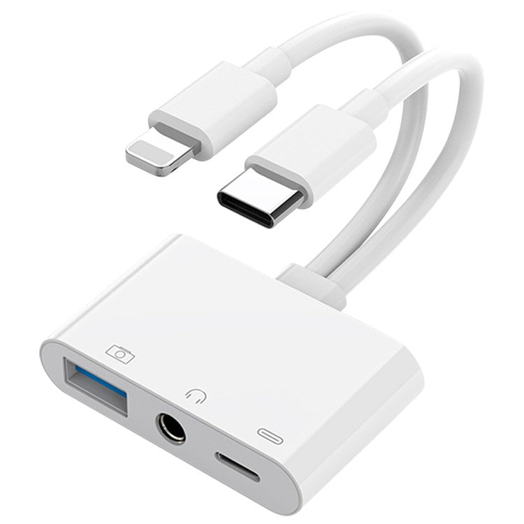 2-in-1 Type-C + iP to USB-A + 3.5mm Audio Splitter Hub OTG Adapter with iP Charging Port