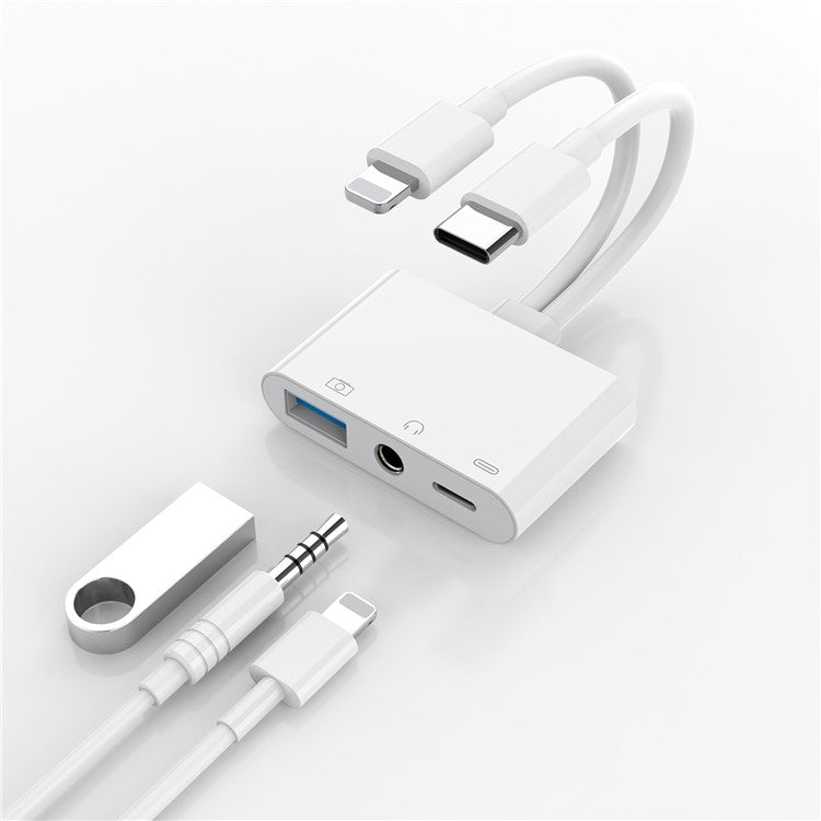 2-in-1 Type-C + iP to USB-A + 3.5mm Audio Splitter Hub OTG Adapter with iP Charging Port