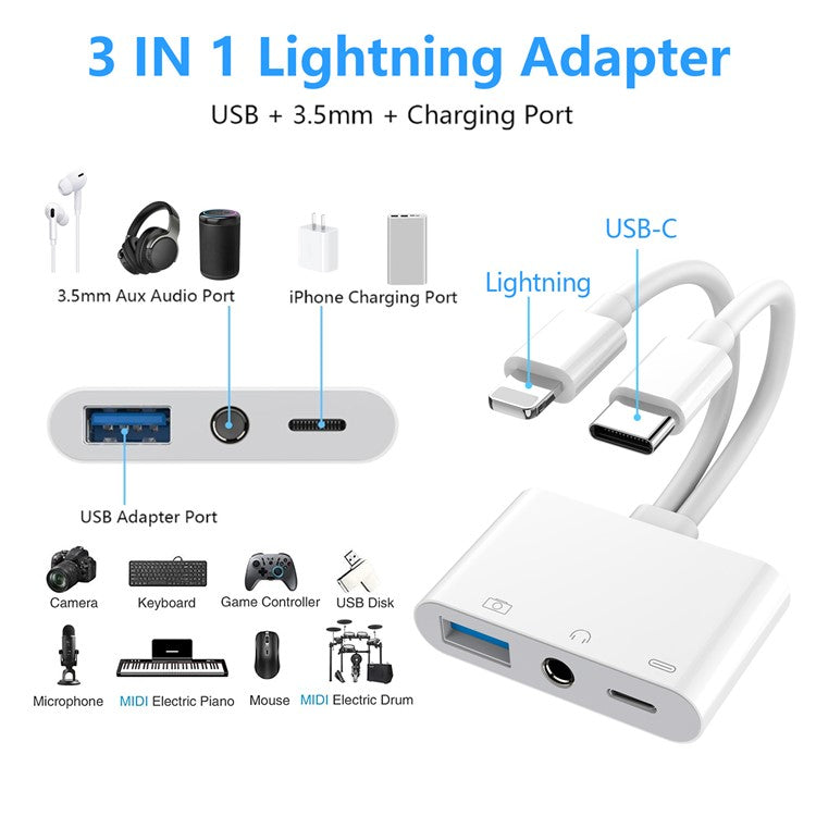 2-in-1 Type-C + iP to USB-A + 3.5mm Audio Splitter Hub OTG Adapter with iP Charging Port