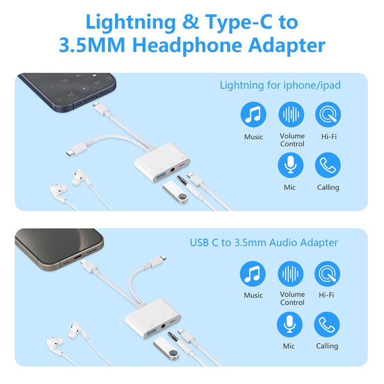 2-in-1 Type-C + iP to USB-A + 3.5mm Audio Splitter Hub OTG Adapter with iP Charging Port