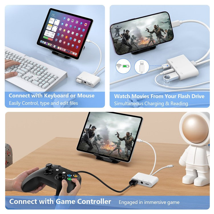 2-in-1 Type-C + iP to USB-A + 3.5mm Audio Splitter Hub OTG Adapter with iP Charging Port