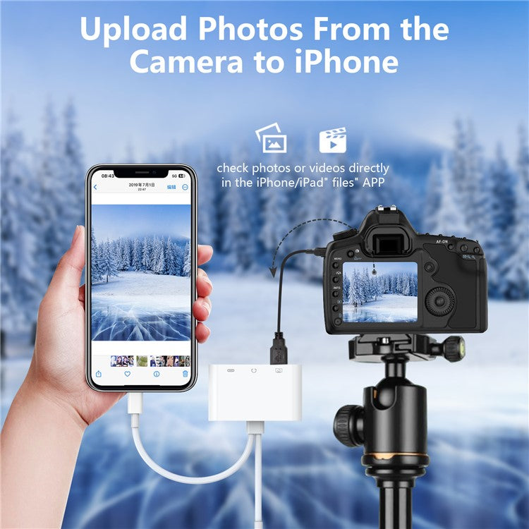 2-in-1 Type-C + iP to USB-A + 3.5mm Audio Splitter Hub OTG Adapter with iP Charging Port