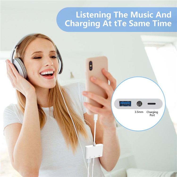 2-in-1 Type-C + iP to USB-A + 3.5mm Audio Splitter Hub OTG Adapter with iP Charging Port