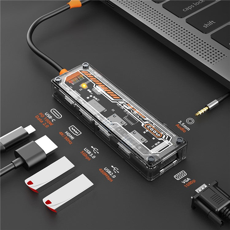 SW6V USB-C Expansion Hub to PD 3.0 100W+HD Output+VGA+USB 3.0+USB 2.0+3.5mm Audio Port