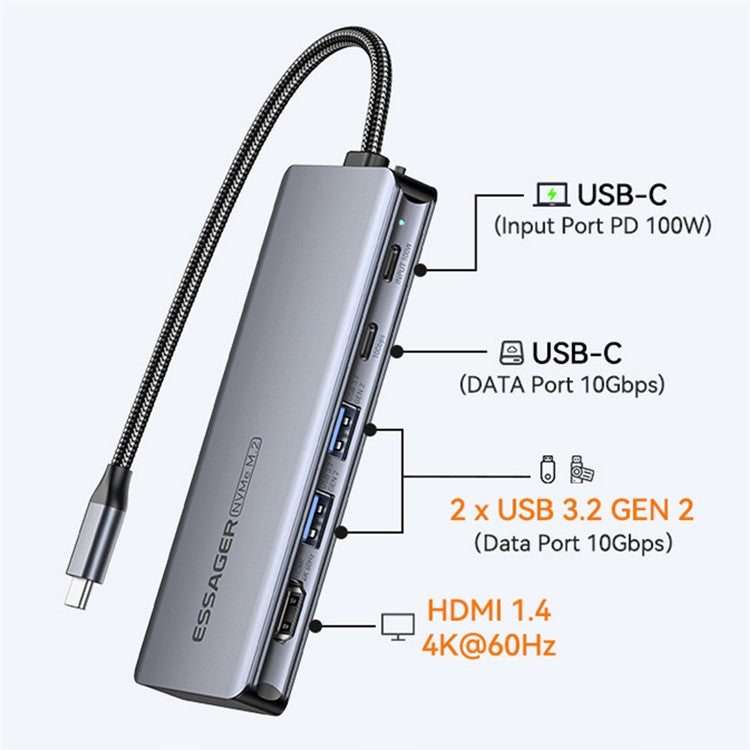ESSAGER 6-in-1 Docking Station USB Hub Type-C to USB-C Charging + USB-C Data + 2xUSB3.2 + HD + Hard Disk Enclosure