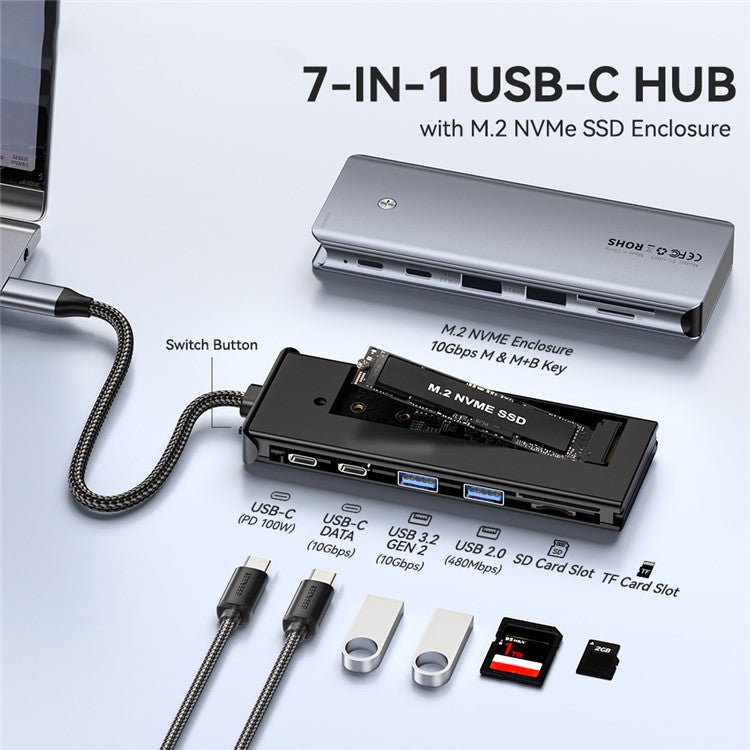 ESSAGER 7-in-1 Docking Station USB Hub Type-C to 2xUSB-C + USB3.2 + USB2.0 + SD / TF Card Slot + Hard Disk Enclosure