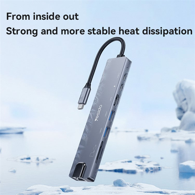 YESIDO HB27 8-in-1 USB Hub Docking Station Type-C to 2xUSB3.0 + USB-C3.0 Data + PD 100W + RJ45 + SD / TF + 4K HD Adapter