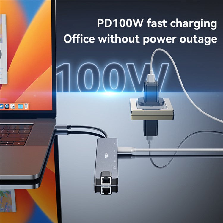 YESIDO HB27 8-in-1 USB Hub Docking Station Type-C to 2xUSB3.0 + USB-C3.0 Data + PD 100W + RJ45 + SD / TF + 4K HD Adapter