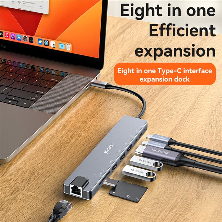 YESIDO HB27 8-in-1 USB Hub Docking Station Type-C to 2xUSB3.0 + USB-C3.0 Data + PD 100W + RJ45 + SD / TF + 4K HD Adapter