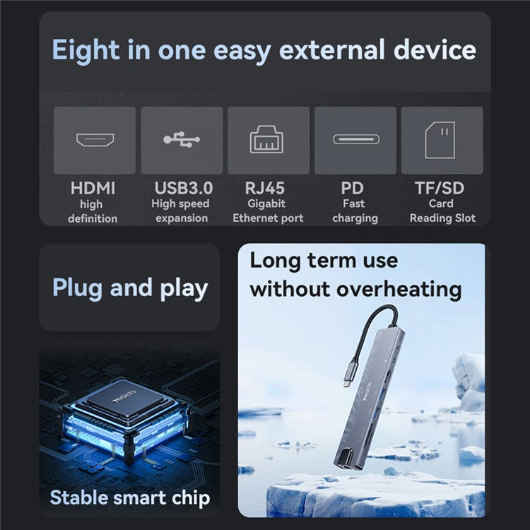 YESIDO HB27 8-in-1 USB Hub Docking Station Type-C to 2xUSB3.0 + USB-C3.0 Data + PD 100W + RJ45 + SD / TF + 4K HD Adapter