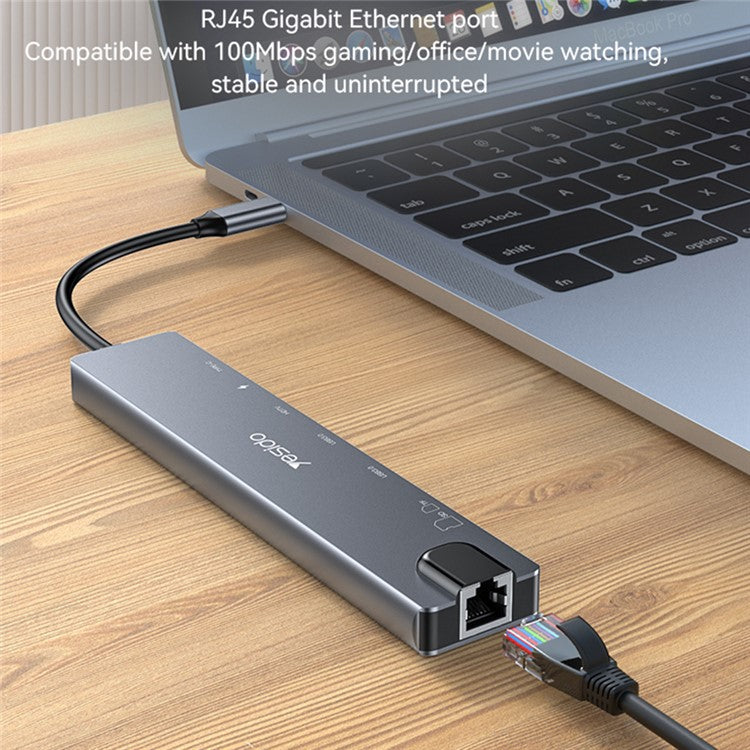 YESIDO HB27 8-in-1 USB Hub Docking Station Type-C to 2xUSB3.0 + USB-C3.0 Data + PD 100W + RJ45 + SD / TF + 4K HD Adapter