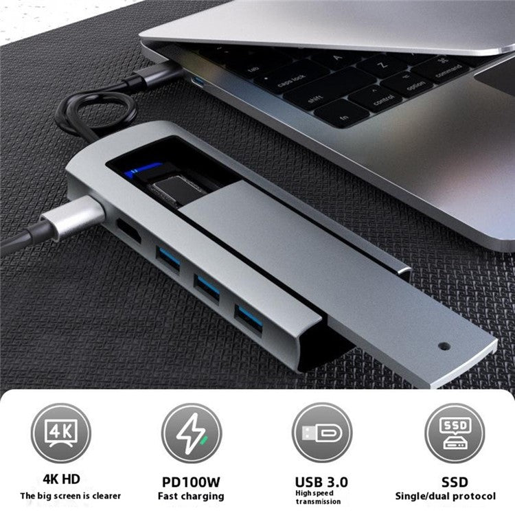 FX-2303 6-in-1 Type-C Hub M.2 SATA SSD Enclosure with 4K HD, 100W PD, 3x USB 3.0 Port