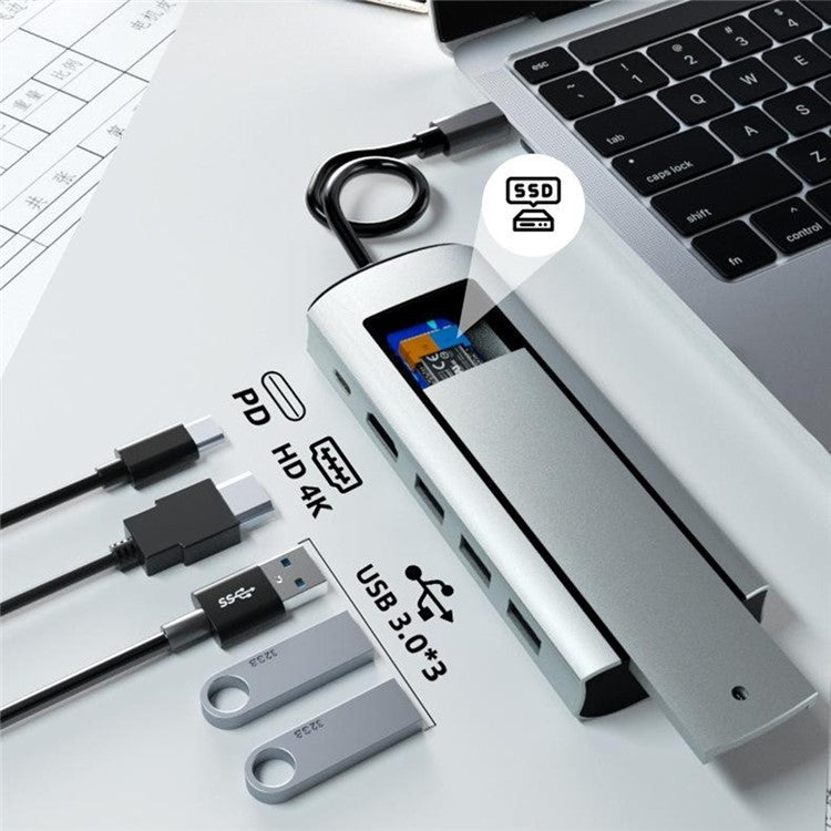 FX-2303 6-in-1 Type-C Hub M.2 SATA SSD Enclosure with 4K HD, 100W PD, 3x USB 3.0 Port