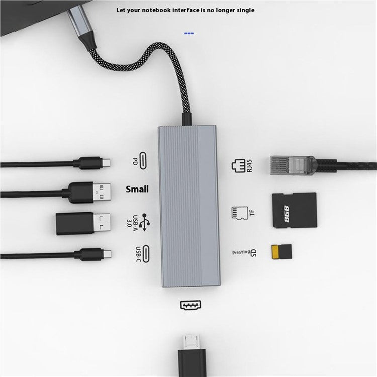 8-in-1 Type-C Hub Aluminum Alloy Docking Station, 4K HD + RJ45 + USB-C + 2 USB 3.0 + TF / SD Card Reader